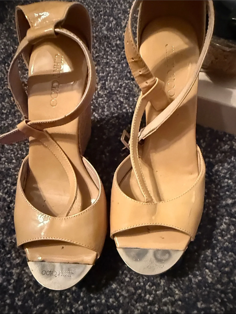 Jimmy Choo Black Patent and Tan Wedge Espadrilles
